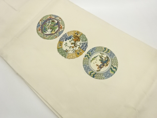 丸文に鳥・家屋・木々風景模様織出し名古屋帯